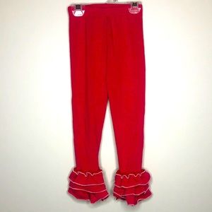 Matilda Jane red leggings with ruffle cuffs and the edges of the ruffle are pink